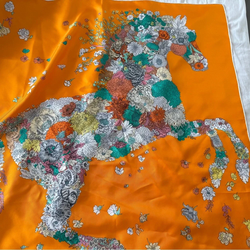 Hermès Robe Leger Carre 90 Floral Horse Silk Scarf in Vibrant Orange